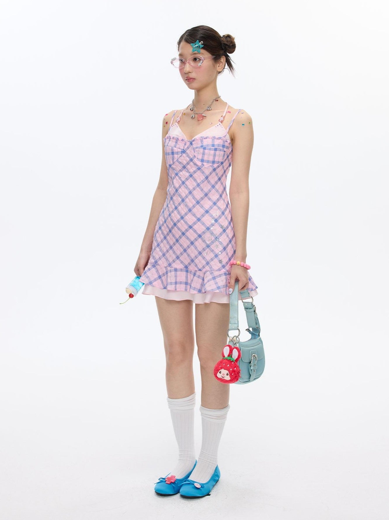 BETWEENAND Pink Heart Lock Plaid Rhinestone Women&
