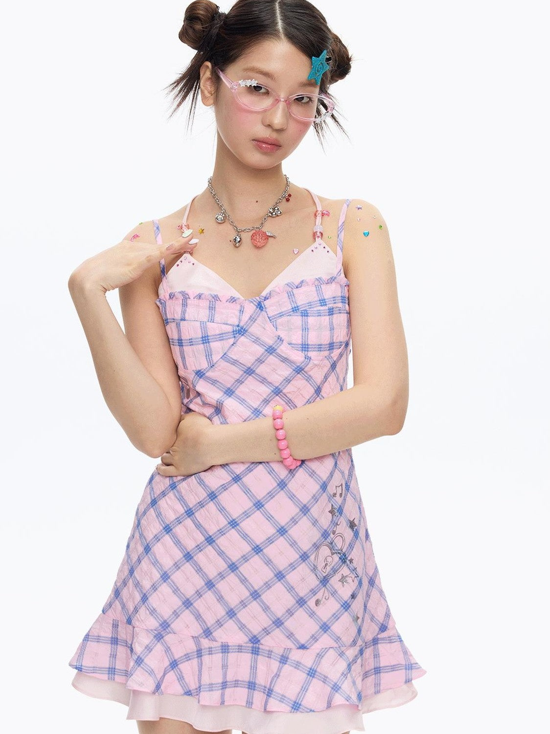 BETWEENAND Pink Heart Lock Plaid Rhinestone Women&