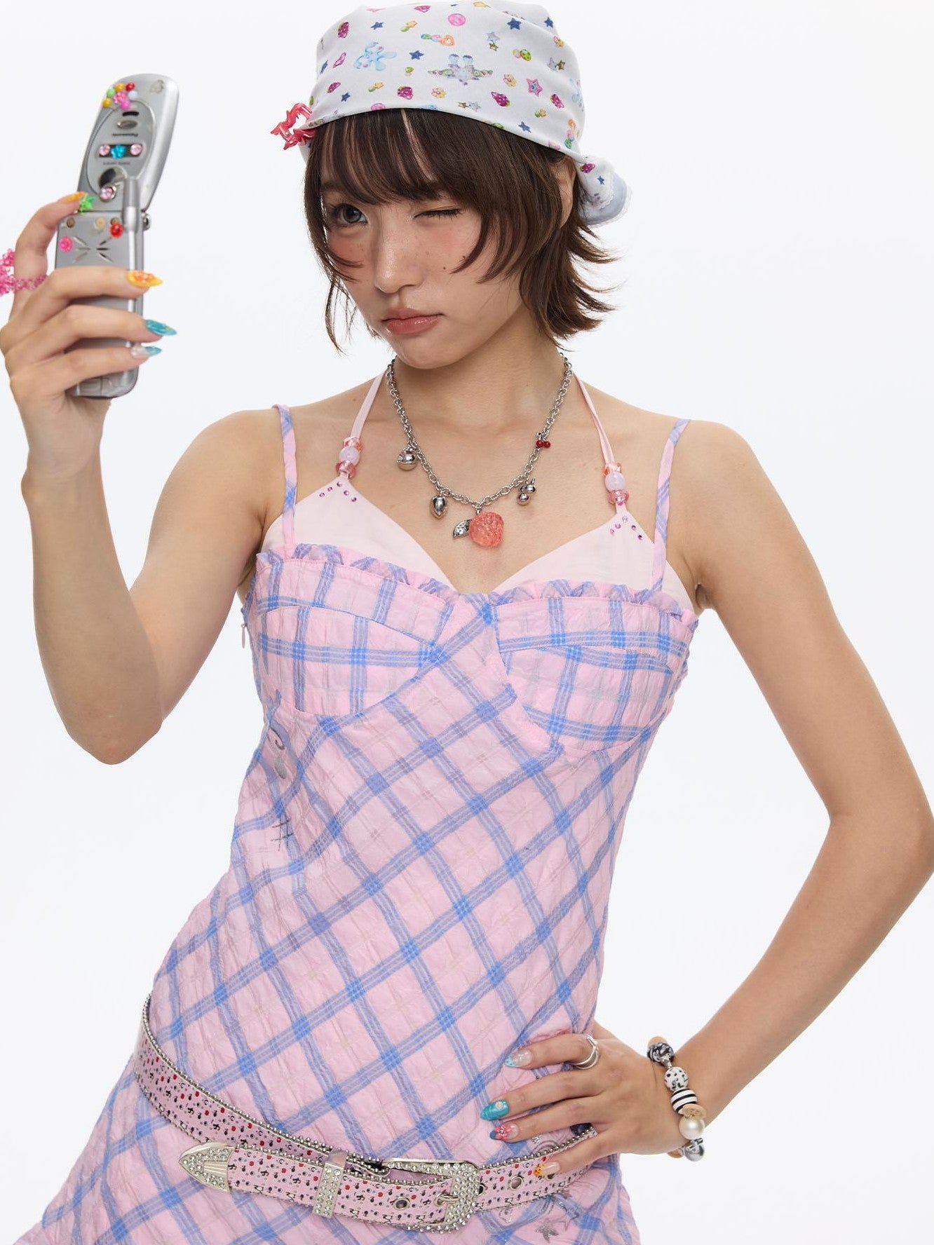 BETWEENAND Pink Heart Lock Plaid Rhinestone Women&