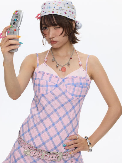 BETWEENAND Pink Heart Lock Plaid Rhinestone Women&