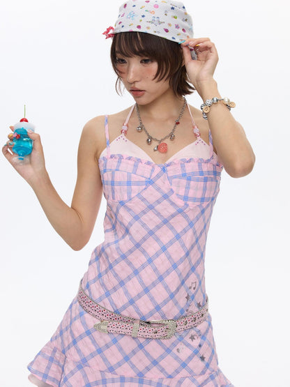 BETWEENAND Pink Heart Lock Plaid Rhinestone Women&