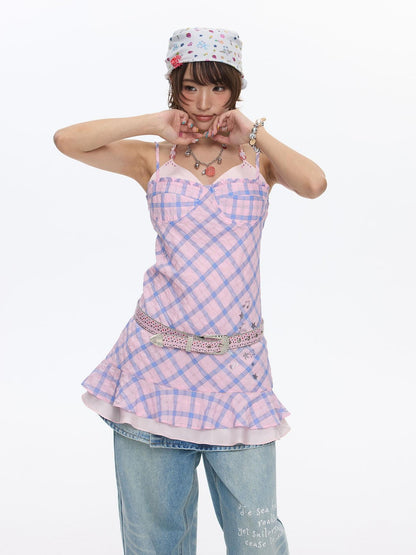BETWEENAND Pink Heart Lock Plaid Rhinestone Women&