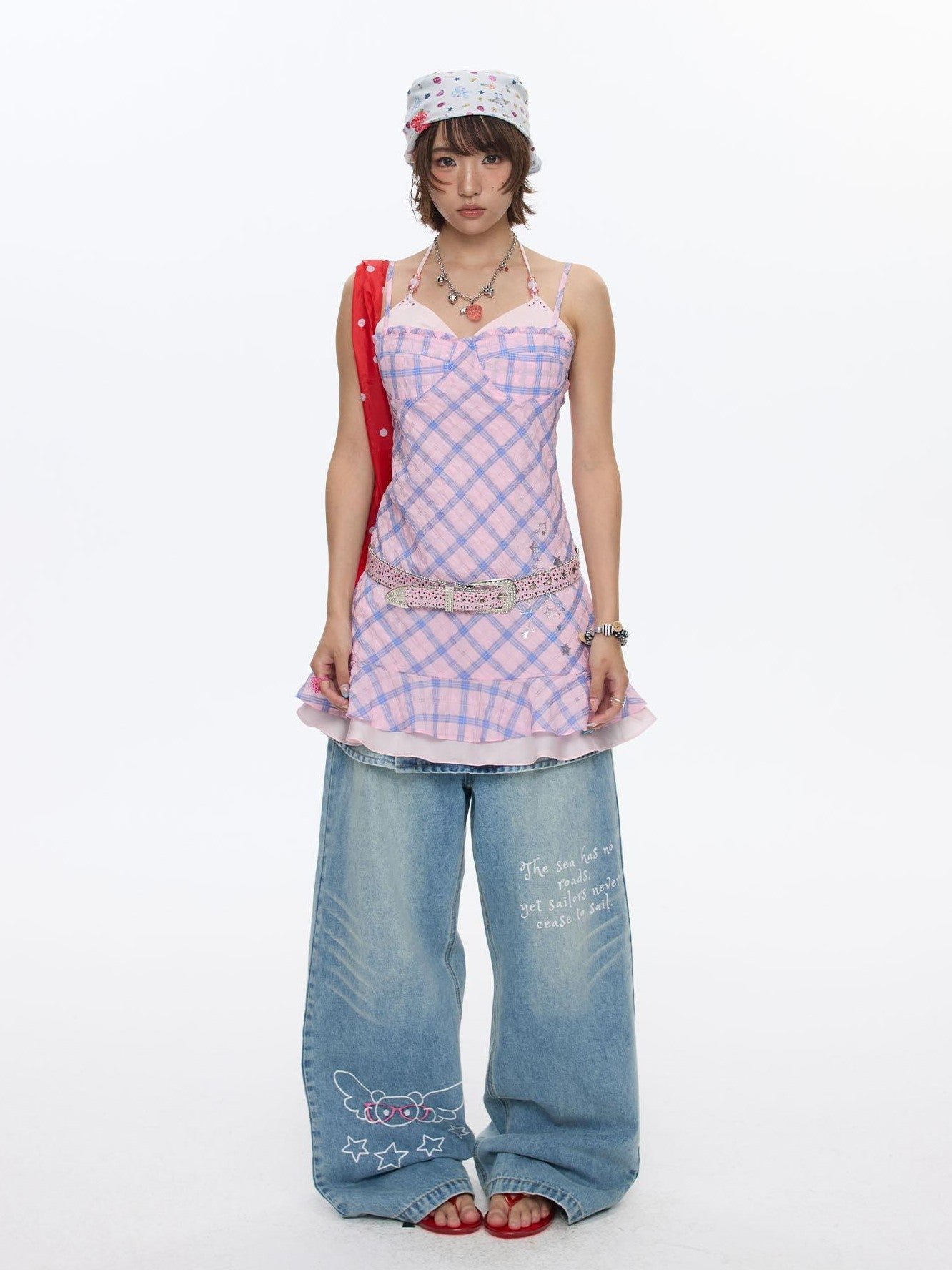 BETWEENAND Pink Heart Lock Plaid Rhinestone Women&