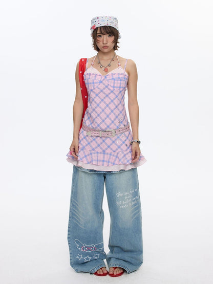 BETWEENAND Pink Heart Lock Plaid Rhinestone Women&
