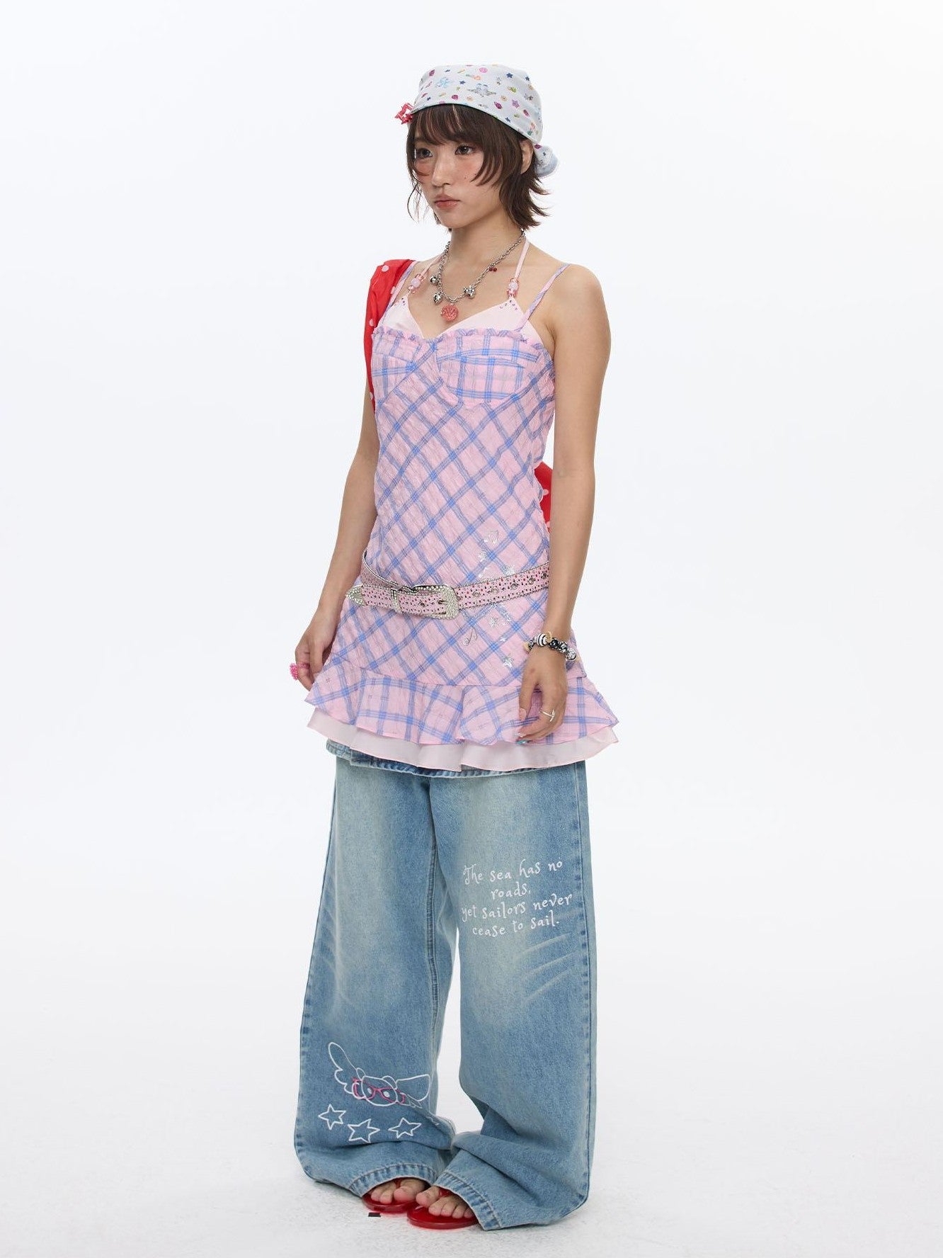 BETWEENAND Pink Heart Lock Plaid Rhinestone Women&