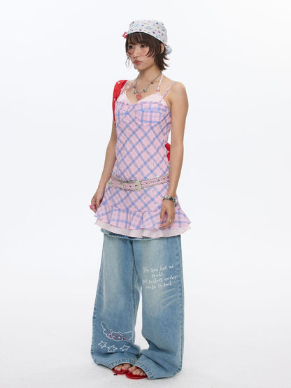BETWEENAND Pink Heart Lock Plaid Rhinestone Women&