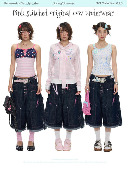 BETWEENAND Pink Stitching Vintage Raw Denim Wide Leg Women&
