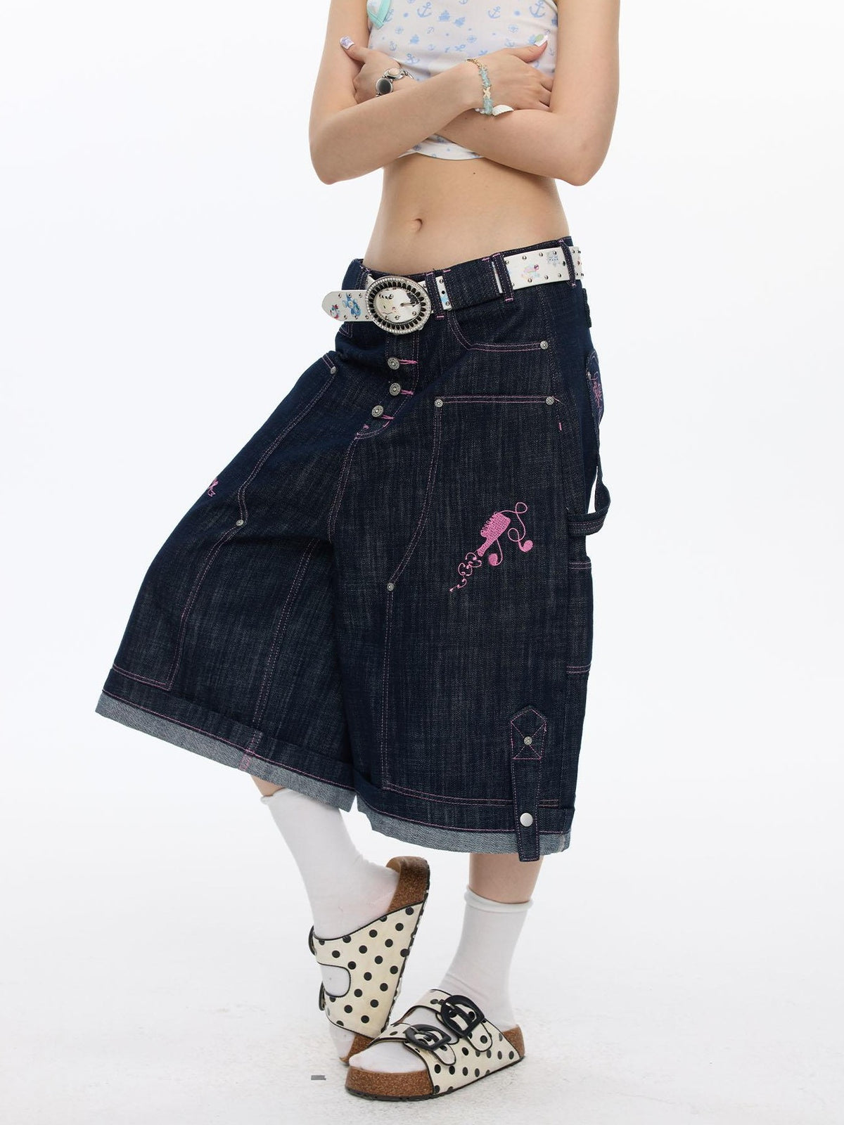 BETWEENAND Pink Stitching Vintage Raw Denim Wide Leg Women&