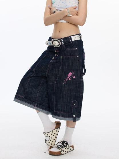 BETWEENAND Pink Stitching Vintage Raw Denim Wide Leg Women&