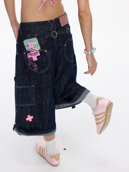 BETWEENAND Pink Stitching Vintage Raw Denim Wide Leg Women&