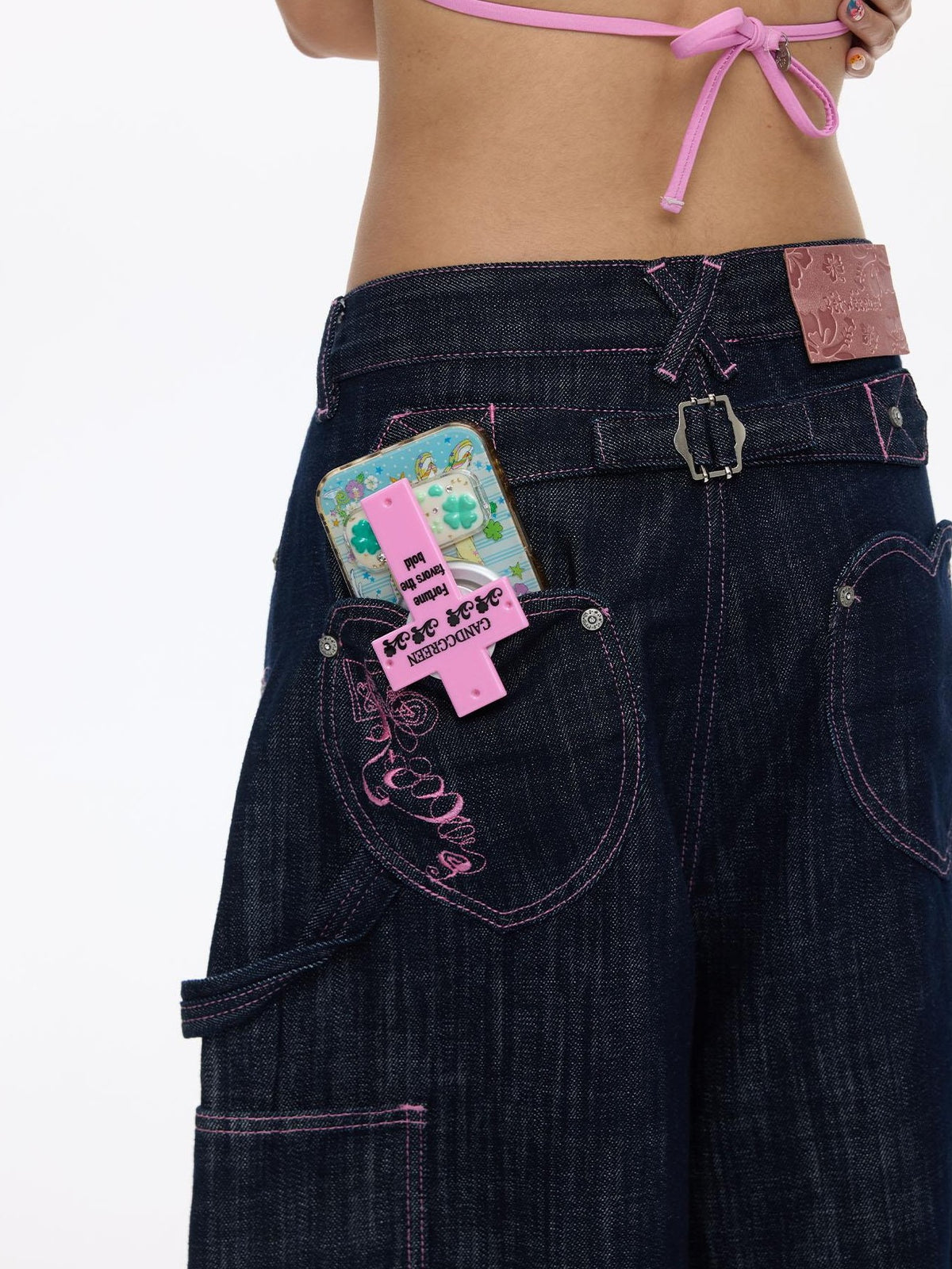 BETWEENAND Pink Stitching Vintage Raw Denim Wide Leg Women&