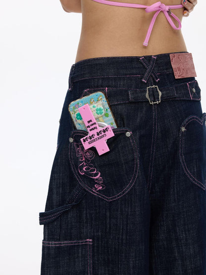 BETWEENAND Pink Stitching Vintage Raw Denim Wide Leg Women&