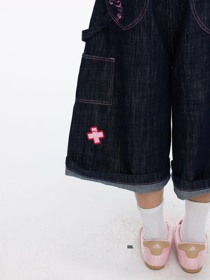 BETWEENAND Pink Stitching Vintage Raw Denim Wide Leg Women&