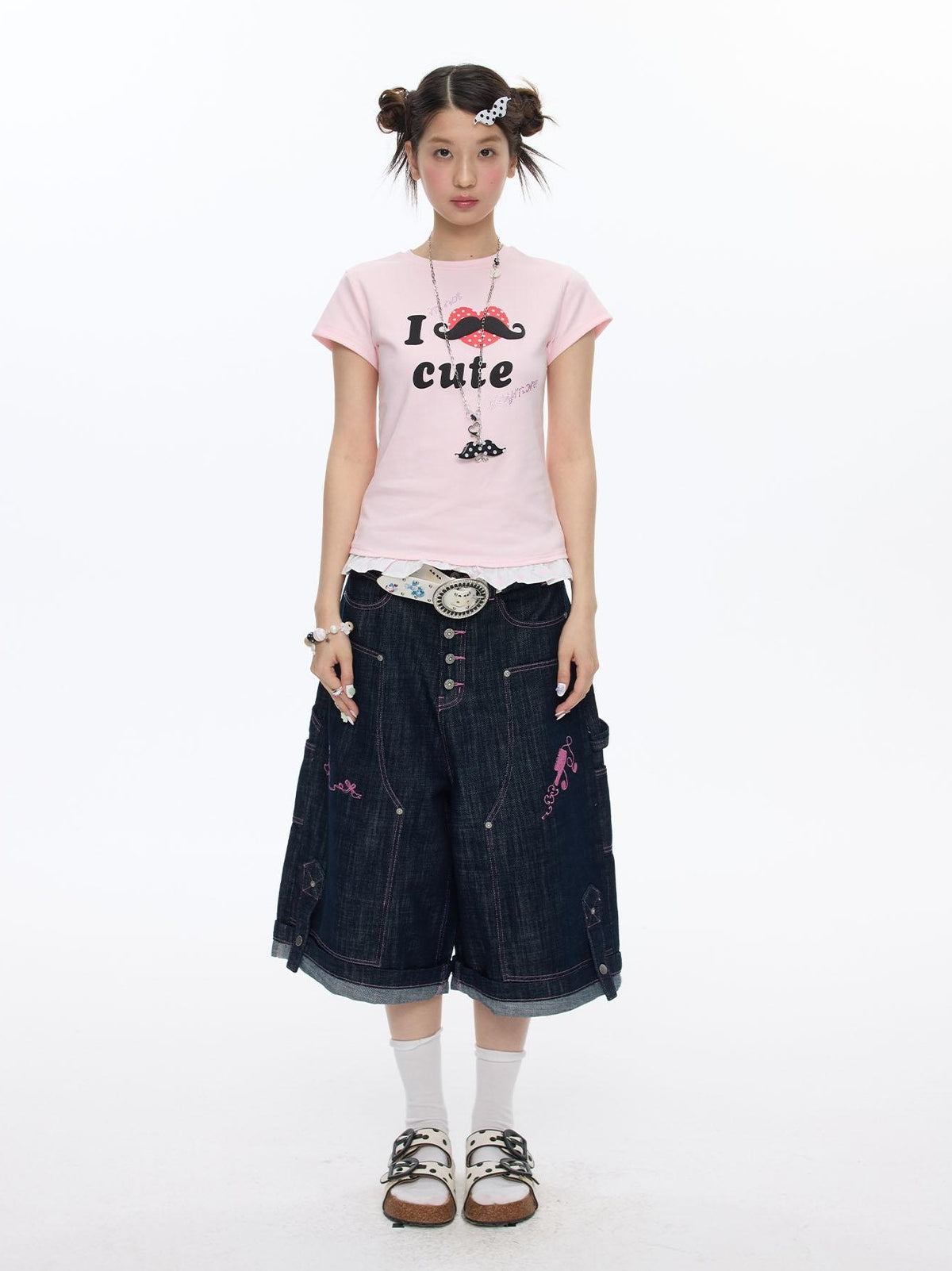 BETWEENAND Pink Stitching Vintage Raw Denim Wide Leg Women&