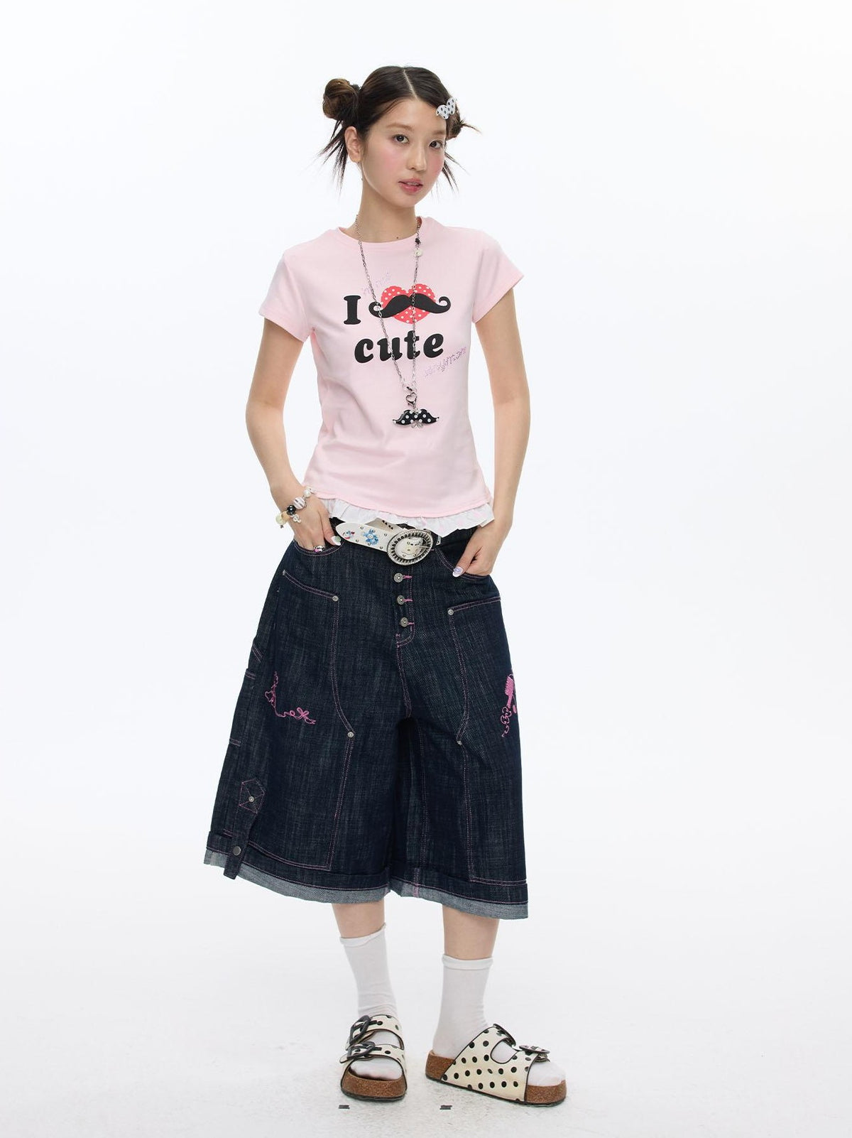 BETWEENAND Pink Stitching Vintage Raw Denim Wide Leg Women&