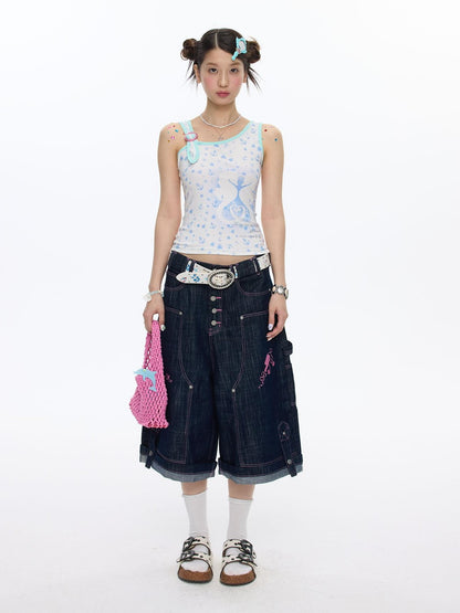 BETWEENAND Pink Stitching Vintage Raw Denim Wide Leg Women&