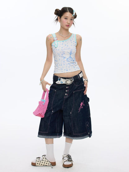 BETWEENAND Pink Stitching Vintage Raw Denim Wide Leg Women&