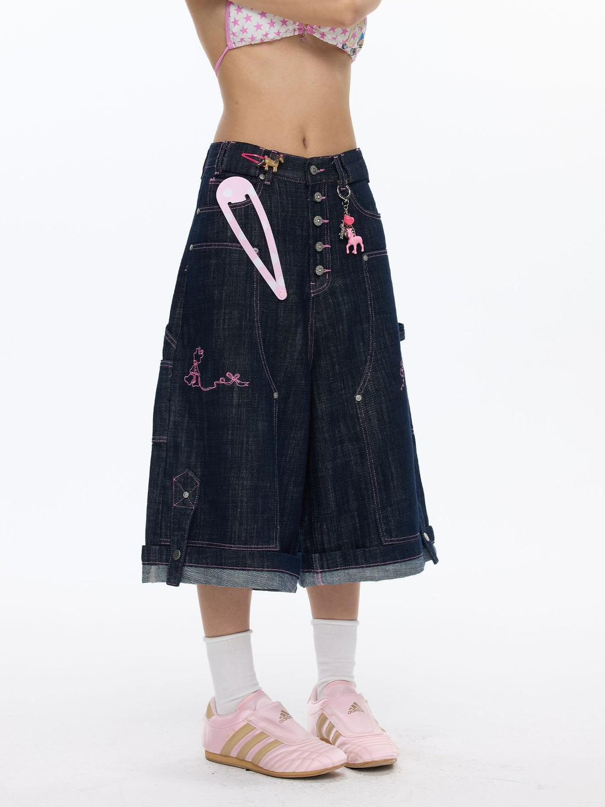 BETWEENAND Pink Stitching Vintage Raw Denim Wide Leg Women&