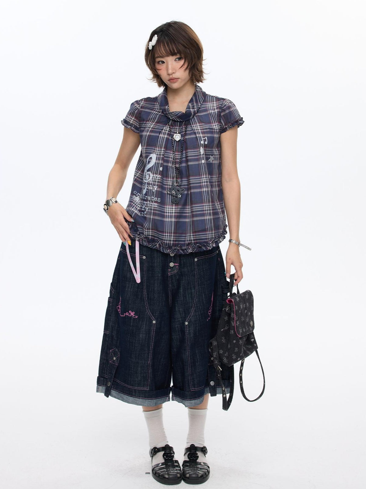 BETWEENAND Pink Stitching Vintage Raw Denim Wide Leg Women&