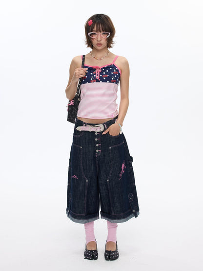 BETWEENAND Pink Stitching Vintage Raw Denim Wide Leg Women&