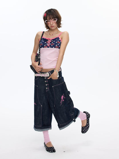 BETWEENAND Pink Stitching Vintage Raw Denim Wide Leg Women&