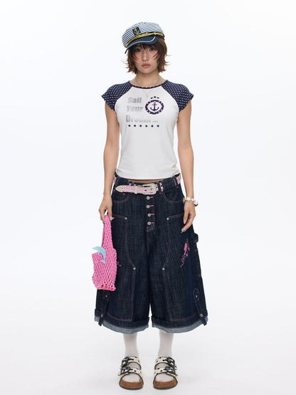 BETWEENAND Pink Stitching Vintage Raw Denim Wide Leg Women&