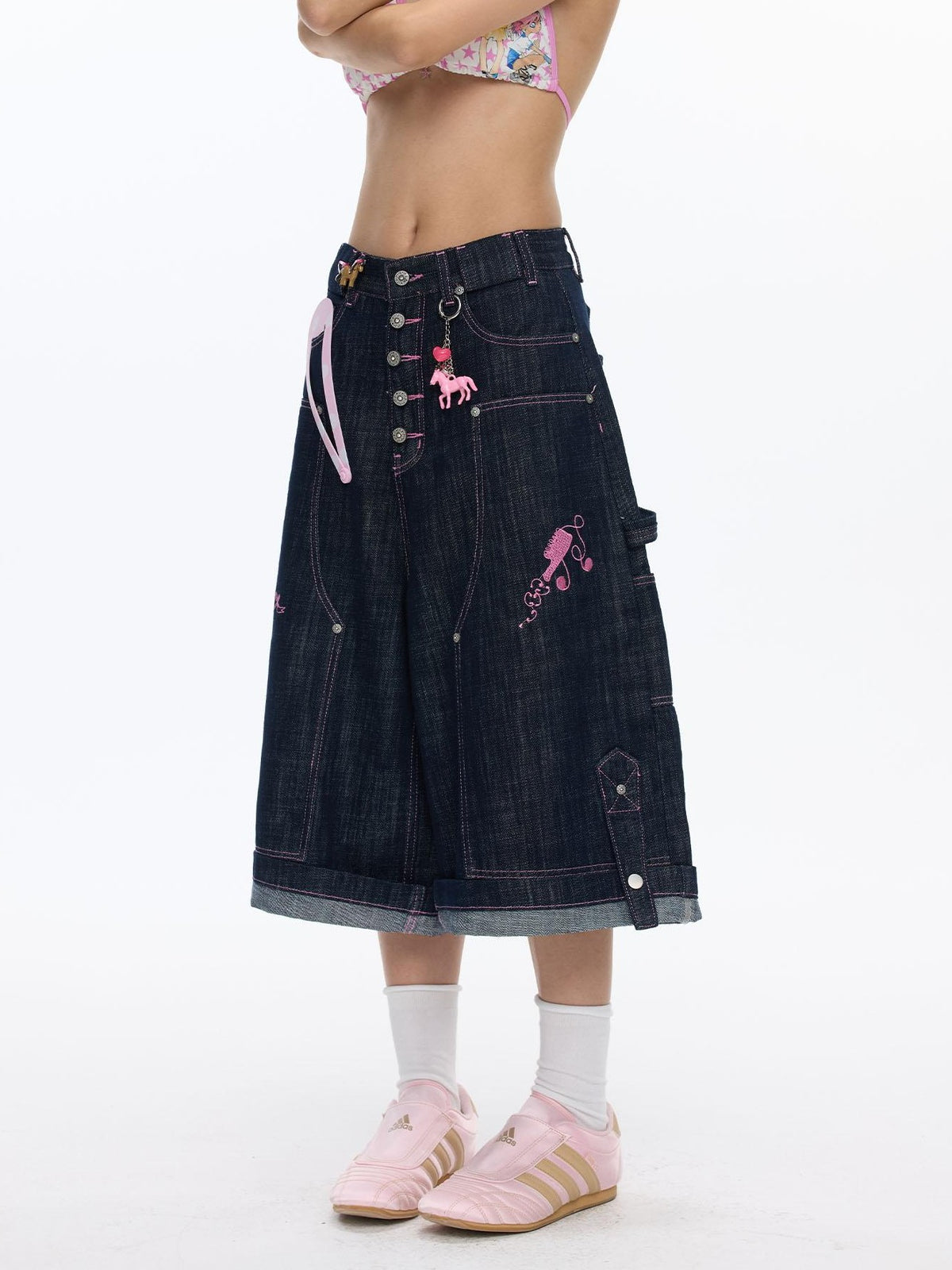 BETWEENAND Pink Stitching Vintage Raw Denim Wide Leg Women&
