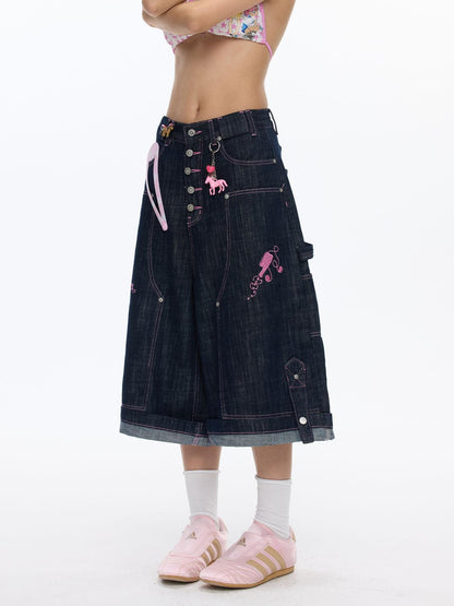 BETWEENAND Pink Stitching Vintage Raw Denim Wide Leg Women&
