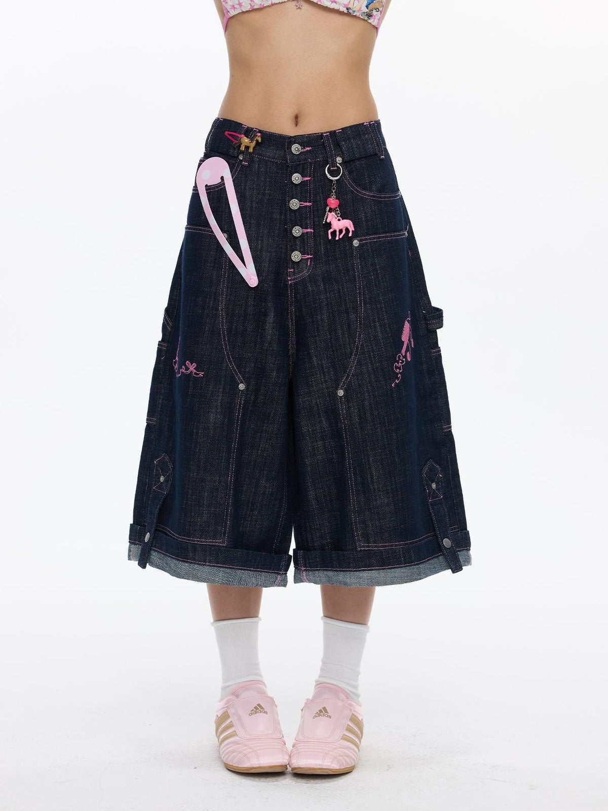 BETWEENAND Pink Stitching Vintage Raw Denim Wide Leg Women&