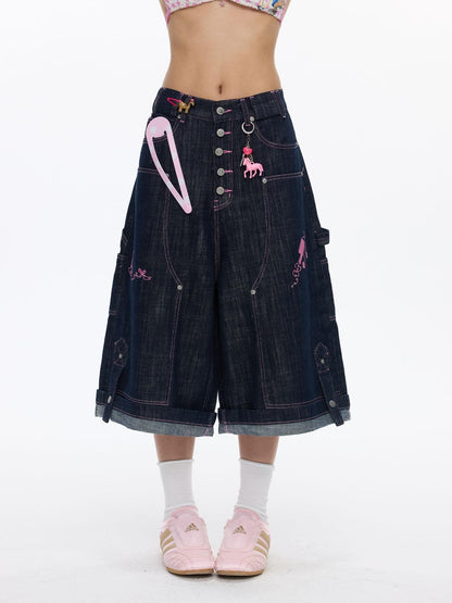 BETWEENAND Pink Stitching Vintage Raw Denim Wide Leg Women&