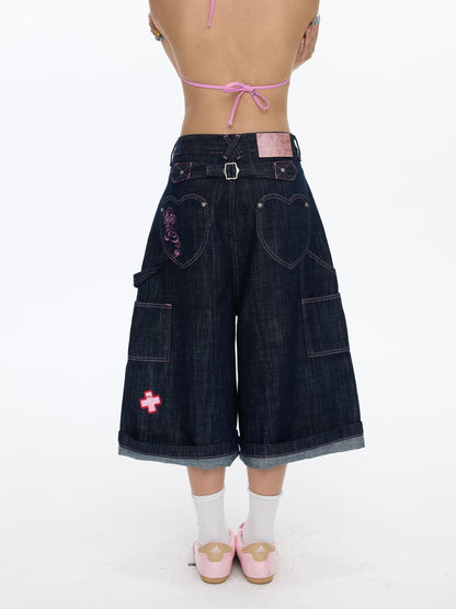 BETWEENAND Pink Stitching Vintage Raw Denim Wide Leg Women&