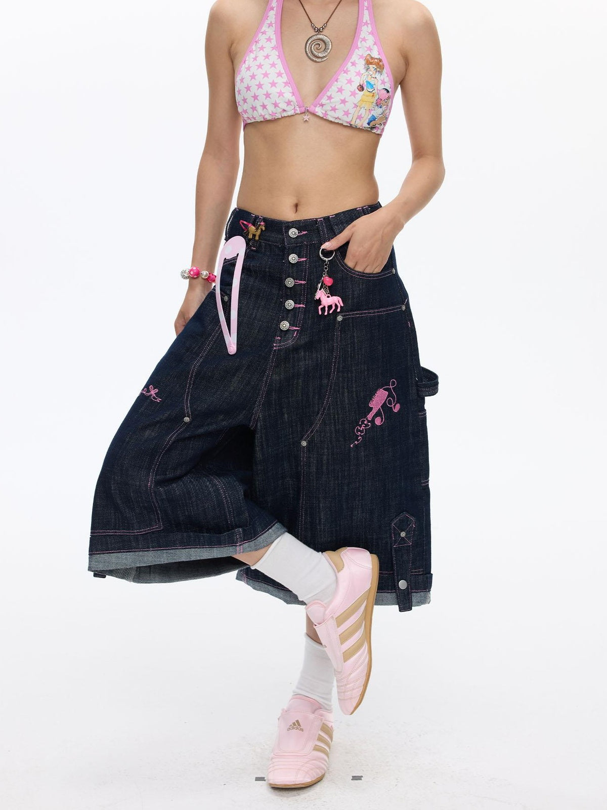 BETWEENAND Pink Stitching Vintage Raw Denim Wide Leg Women&