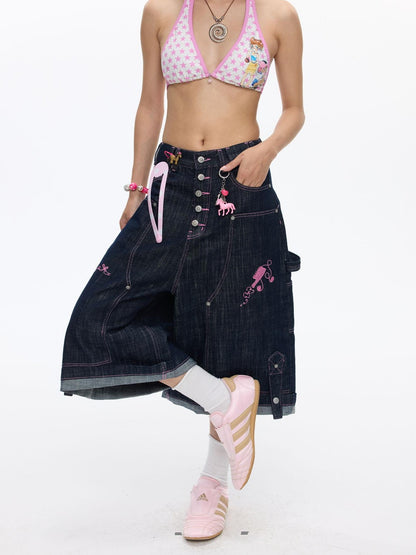 BETWEENAND Pink Stitching Vintage Raw Denim Wide Leg Women&