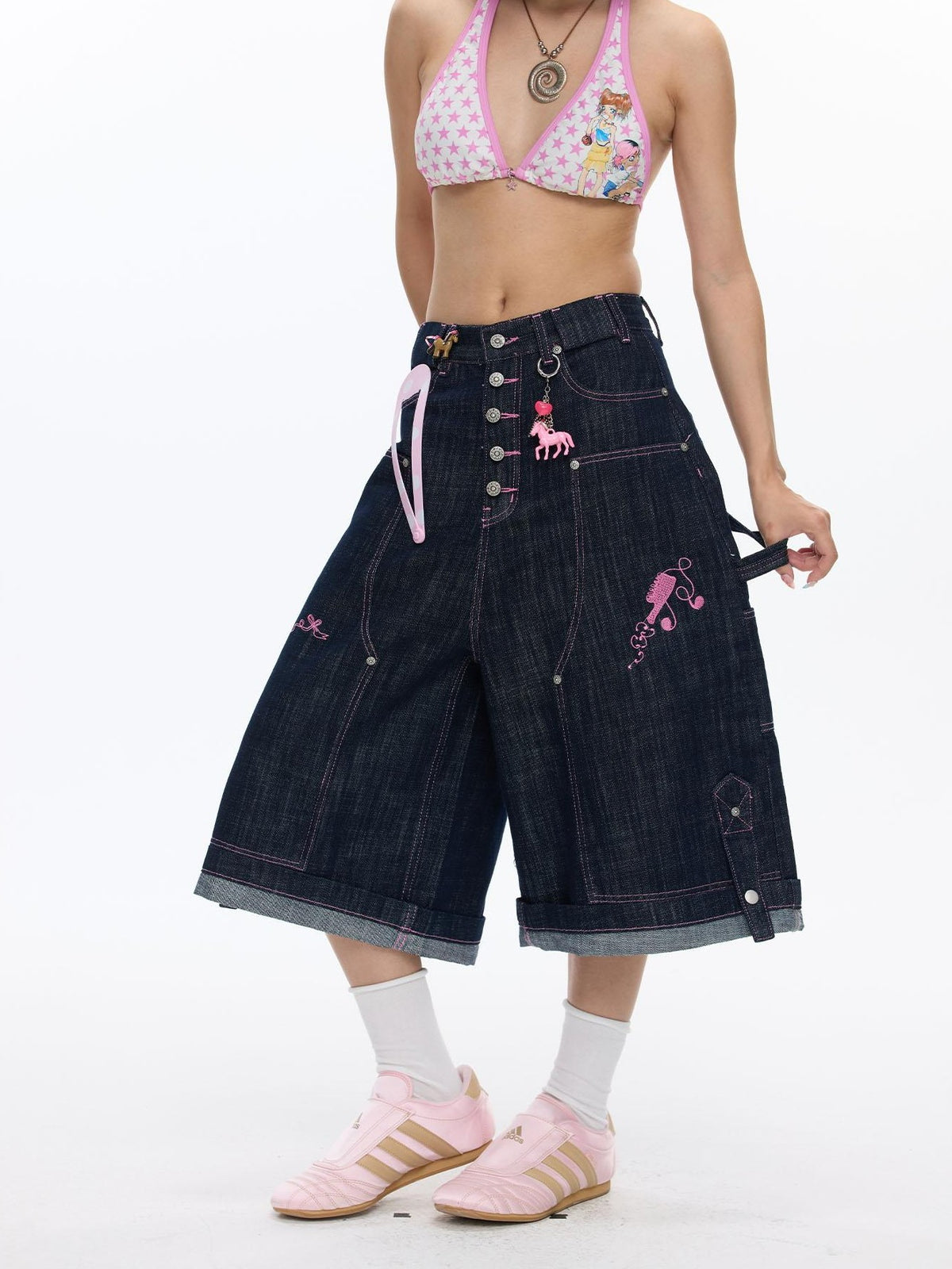 BETWEENAND Pink Stitching Vintage Raw Denim Wide Leg Women&