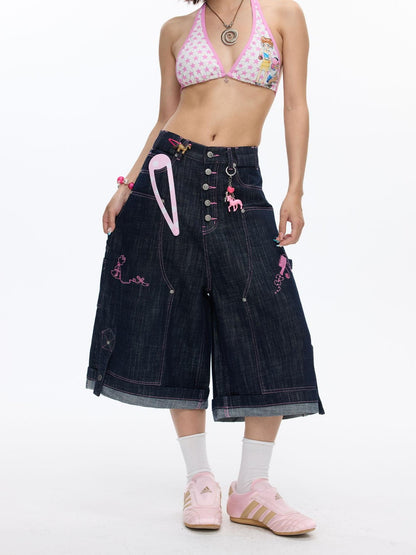 BETWEENAND Pink Stitching Vintage Raw Denim Wide Leg Women&