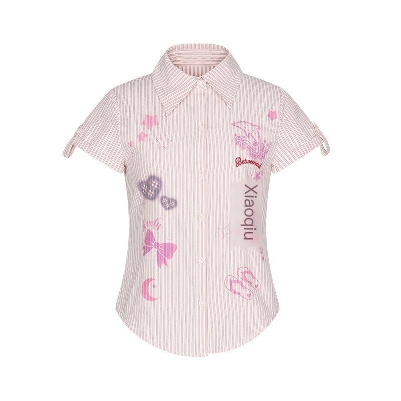 BETWEENAND_Pink_Striped_Print_Stand_Collar_Waist_Cinch_Women&