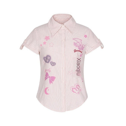 BETWEENAND_Pink_Striped_Print_Stand_Collar_Waist_Cinch_Women&