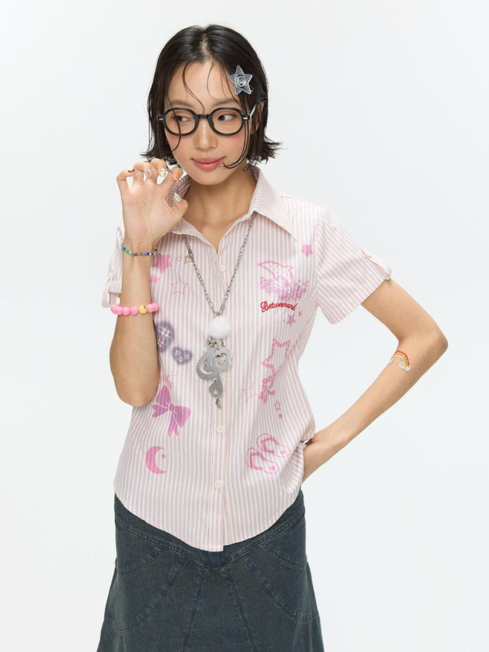 BETWEENAND Pink Striped Print Stand Collar Waist Cinch Women&