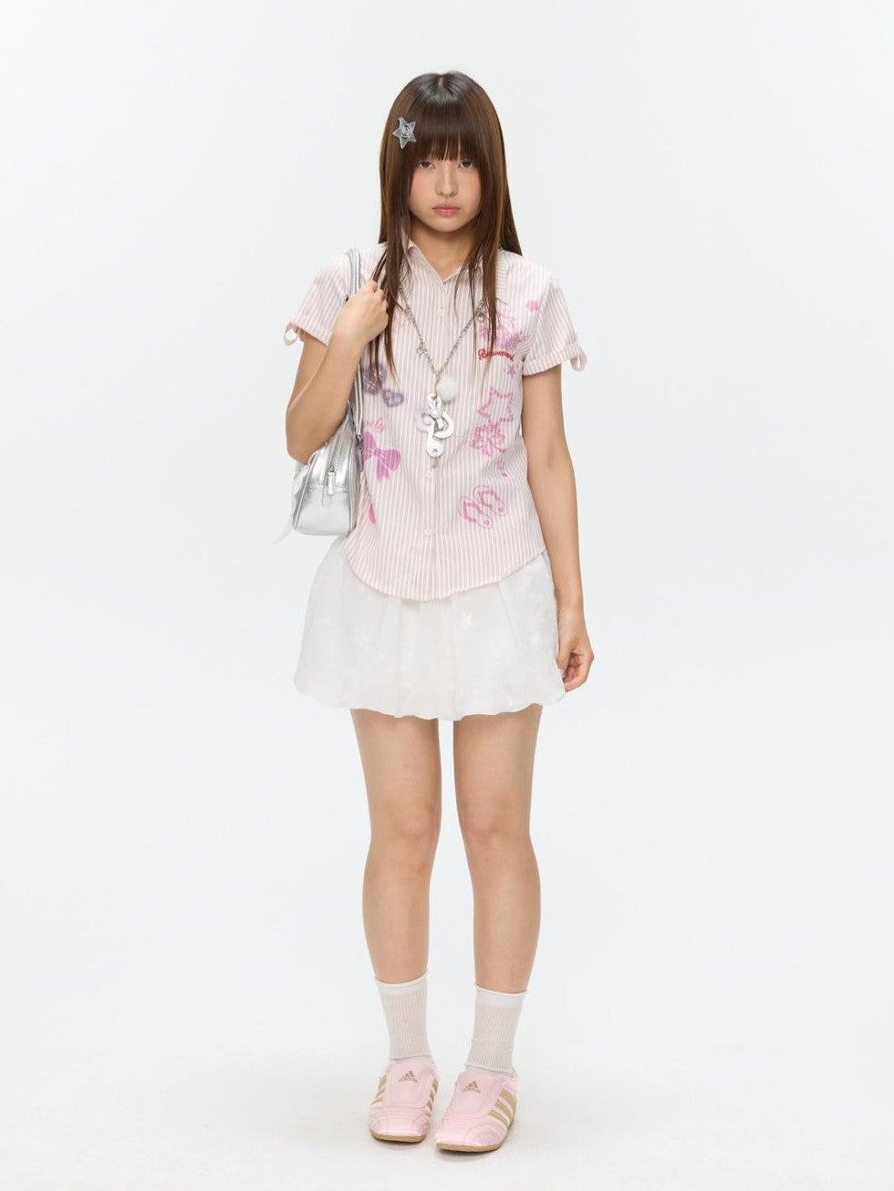 BETWEENAND Pink Striped Print Stand Collar Waist Cinch Women&