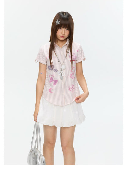 BETWEENAND Pink Striped Print Stand Collar Waist Cinch Women&