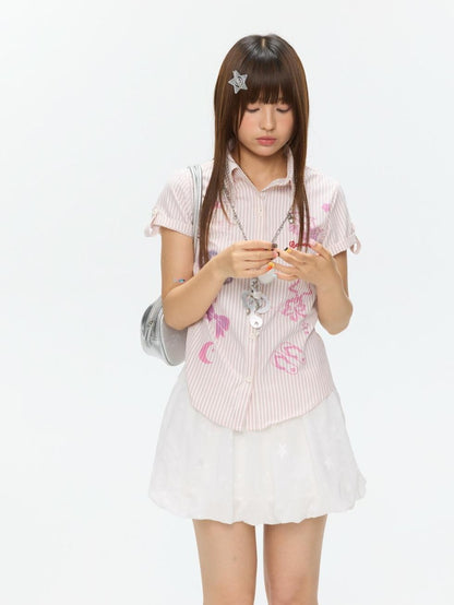 BETWEENAND Pink Striped Print Stand Collar Waist Cinch Women&