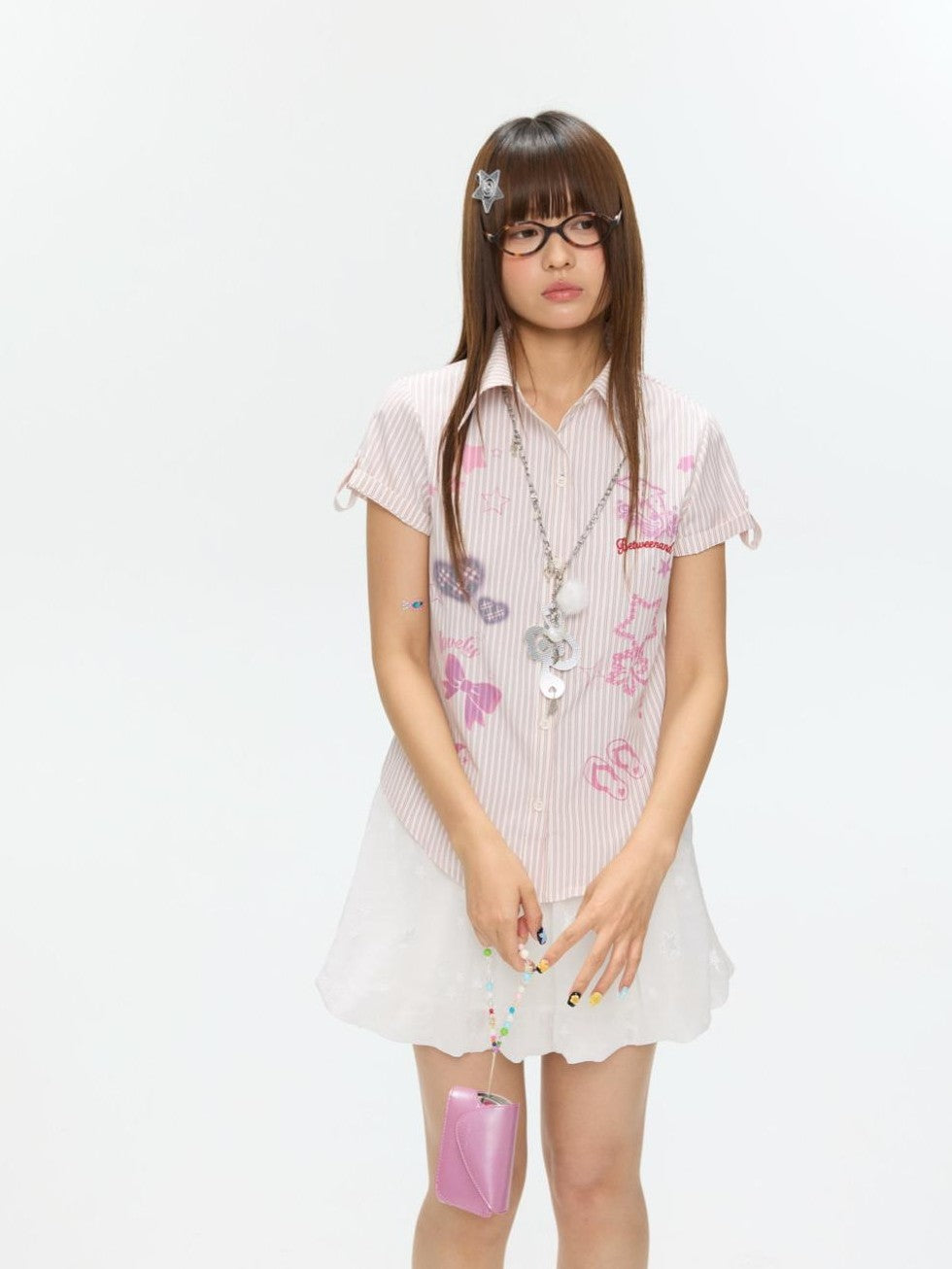 BETWEENAND Pink Striped Print Stand Collar Waist Cinch Women&