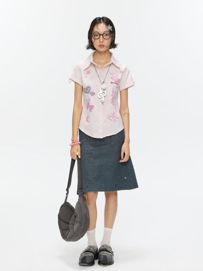 BETWEENAND Pink Striped Print Stand Collar Waist Cinch Women&