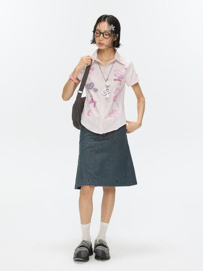 BETWEENAND Pink Striped Print Stand Collar Waist Cinch Women&
