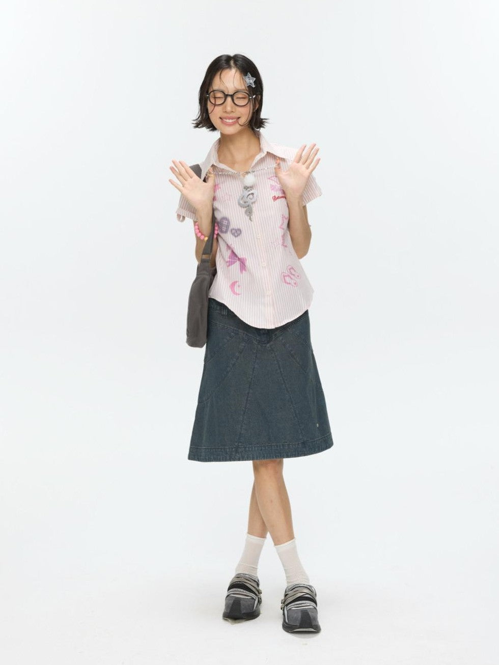 BETWEENAND Pink Striped Print Stand Collar Waist Cinch Women&