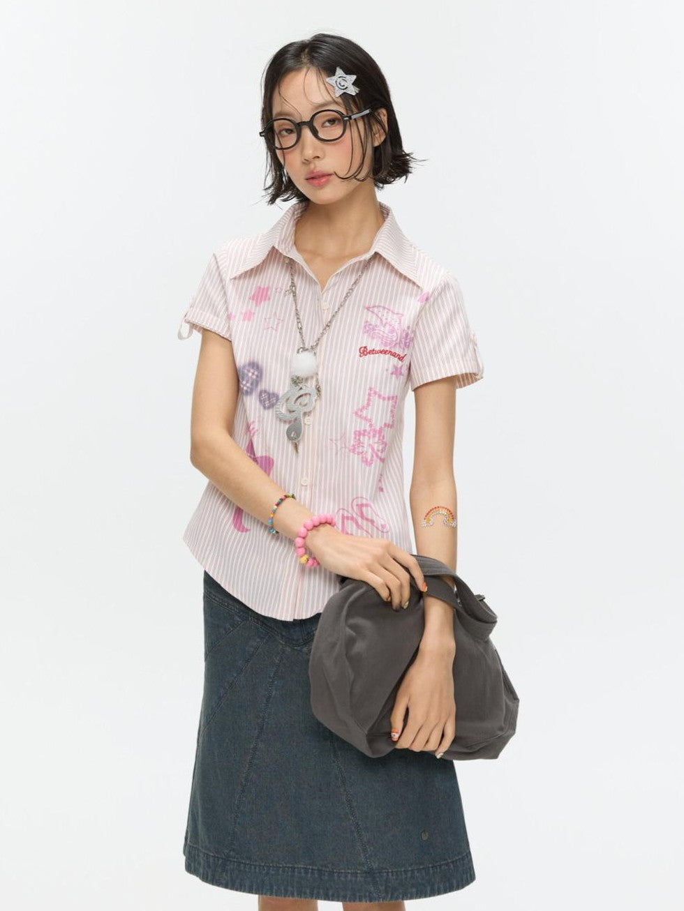 BETWEENAND Pink Striped Print Stand Collar Waist Cinch Women&