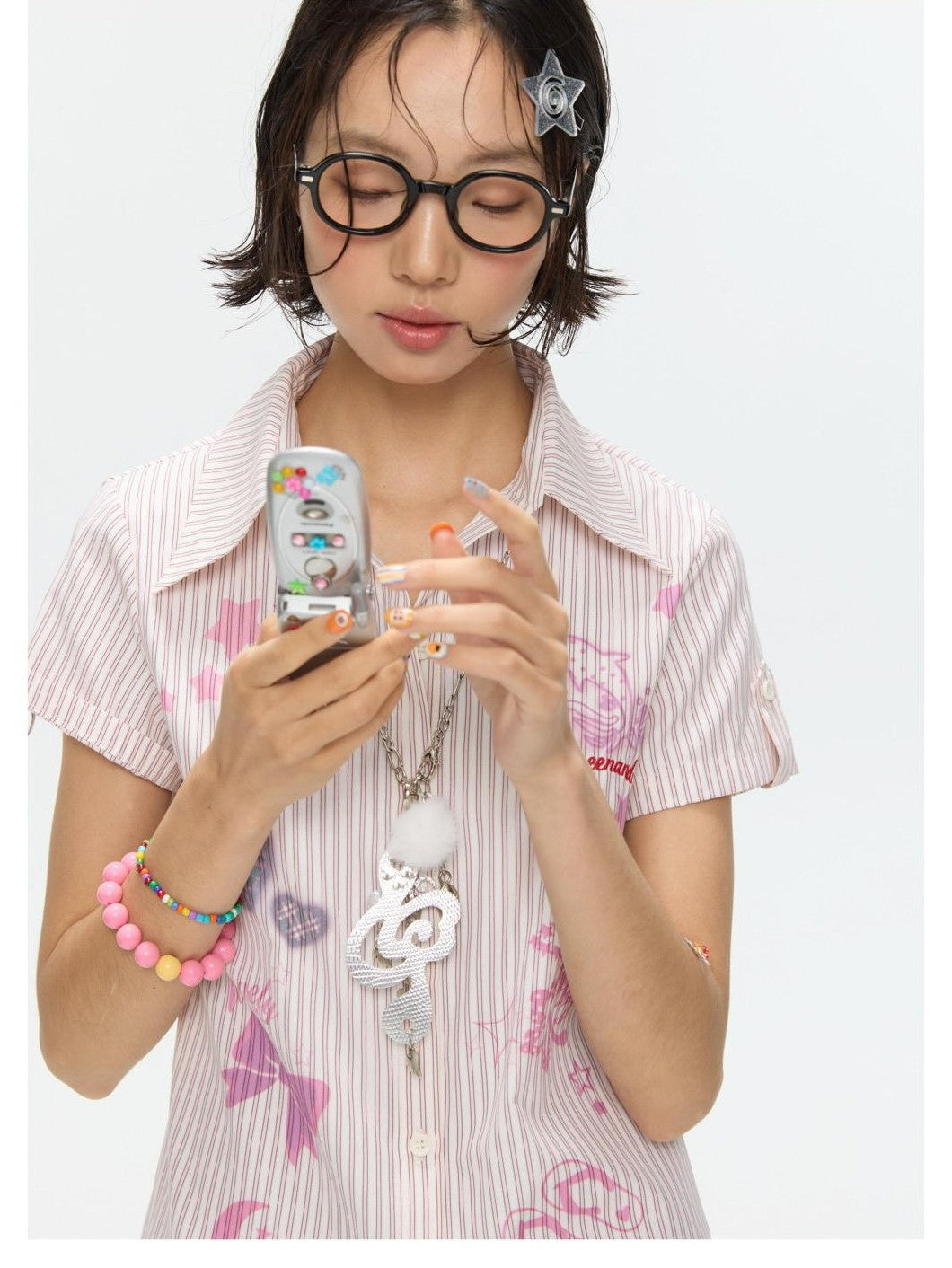 Pink Striped Print Stand Collar Waist Cinch Women&