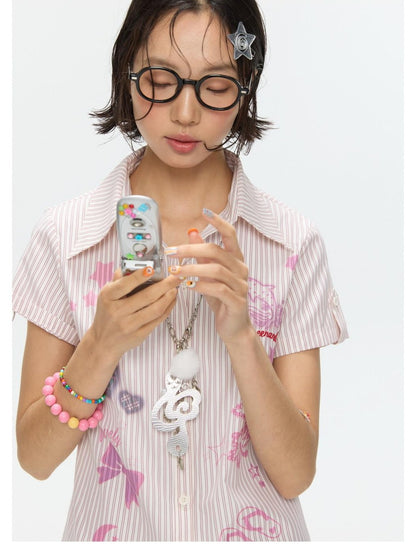 BETWEENAND Pink Striped Print Stand Collar Waist Cinch Women&