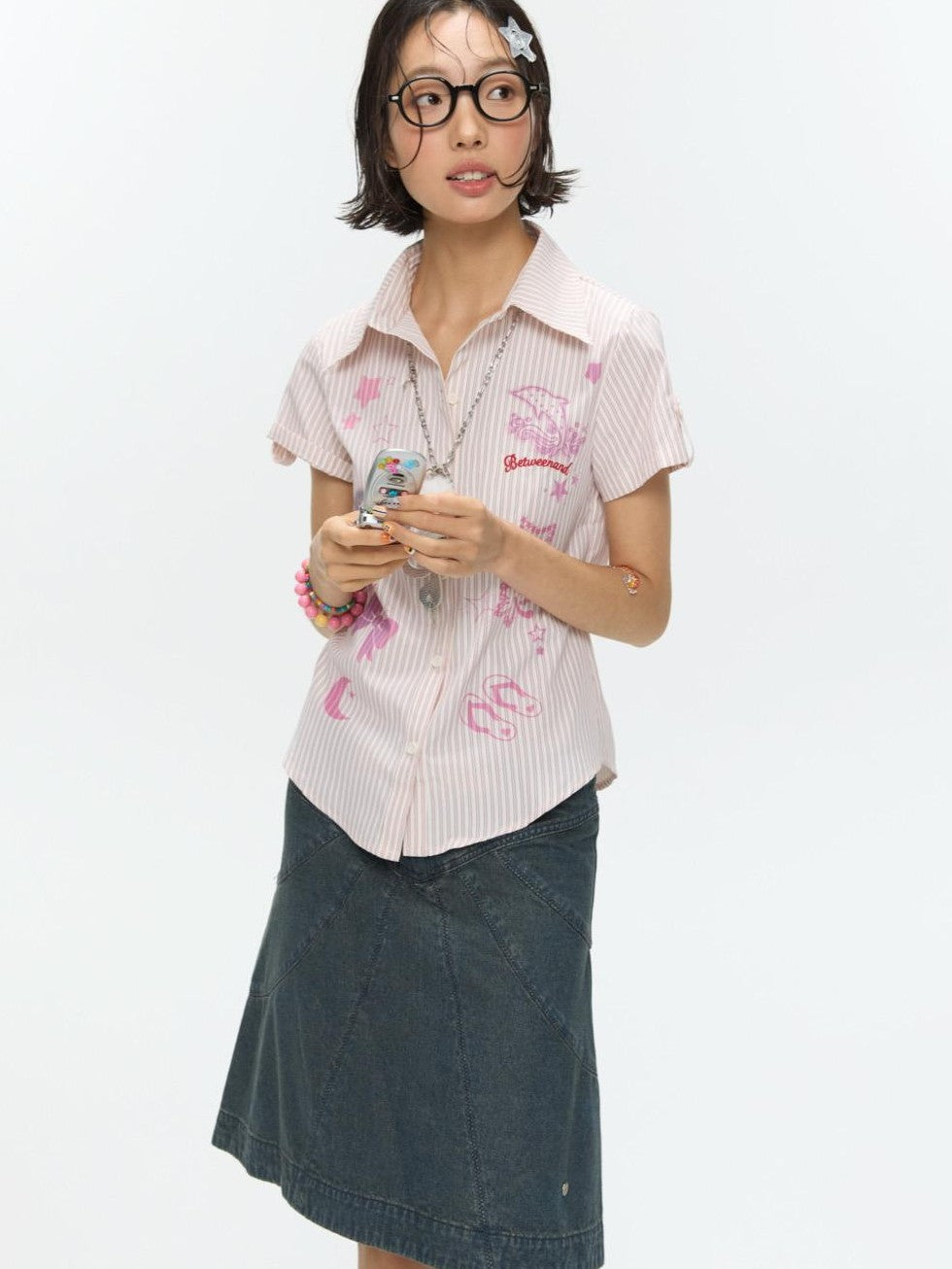 BETWEENAND Pink Striped Print Stand Collar Waist Cinch Women&