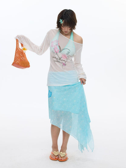BETWEENAND Pink Wave Floral Asymmetric Printed Women&